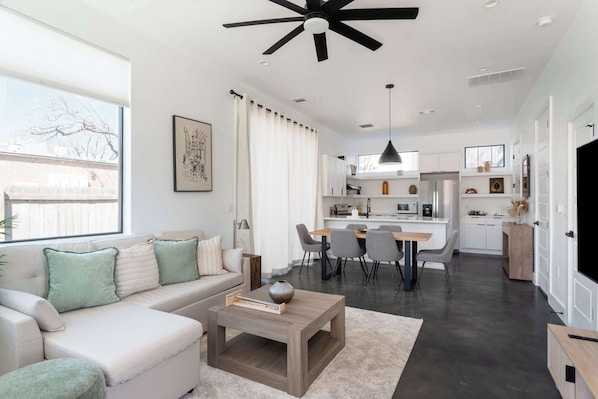 Open-layout living and dining area