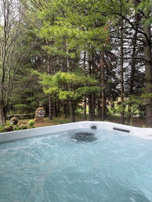 Hot tub right outside back door. Step from porch into hot tub. 