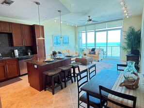 Open Kitchen and Living room with amazing views of the beach and ocean.