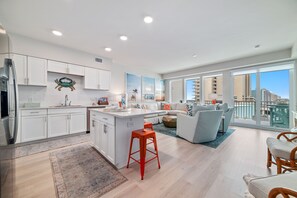 Living area and kitchen seamlessly blend together
