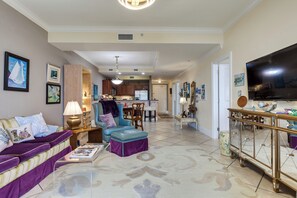 Living Room | Central A/C & Heating | Single-Story Condo | 1st-Floor Unit