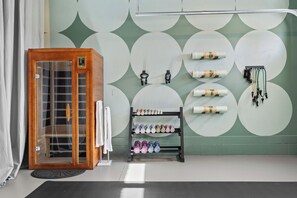 Sauna, resistance bands, yoga mats, weights, jump ropes, exercise equipment