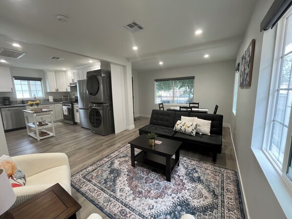 Spacious living area, sofa bed, comfortable furniture