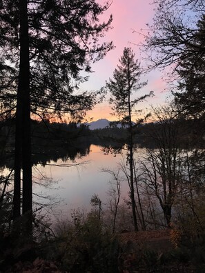 View from the Lodge of Mission Lake and Olympic Mountain Range