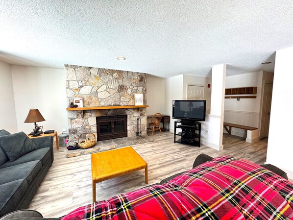 Living room with fireplace & 55" Smart TV