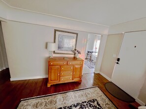 The living room looking to the front door