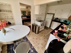 The kitchen looking to the living room