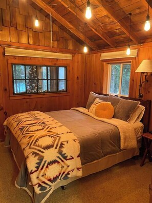 Bedroom with queen bed and closet for storage.