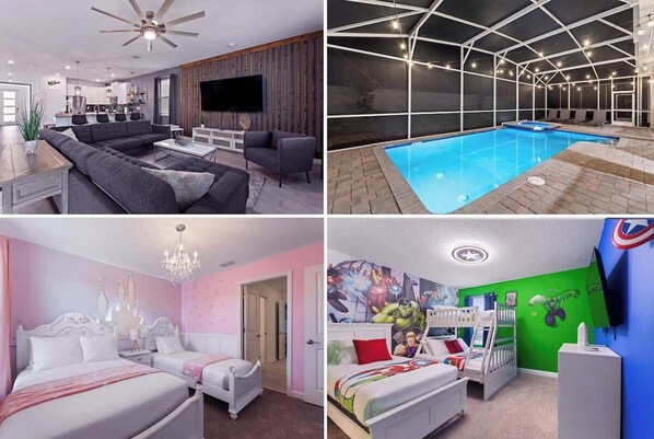 9br villa in Champions Gate.  Enjoy the private pool/spa and the theme rooms, as well as the well decorated living area.  Just a short drive from Disney World and Universal studios in Orlando!