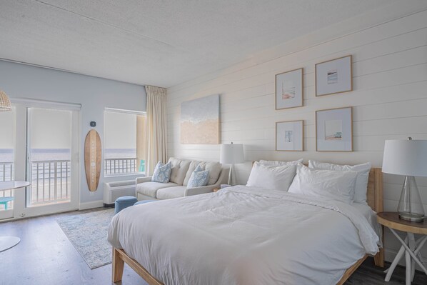 Studio layout with full equipped kitchenette, Queen bed with clean linens provided, double pull out sofa best suited for kids, and full bathroom - clean towels provided for all guests