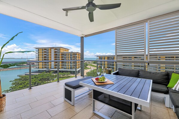 Breezy balcony over looking the wharf & harbour