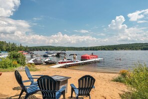 Sandy beach and dock