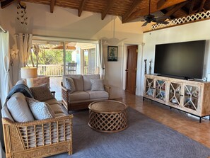 Living room with brand new pull out queen sofa bed