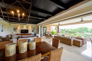 Tropical-inspired decor and beachy vibes throughout
