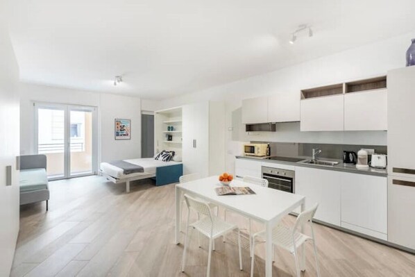 Spacious studio with kitchen and balcony. 