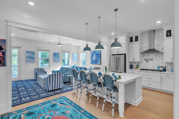 Open floor plan Great room with dining for 10, plus counter space for 4 more.