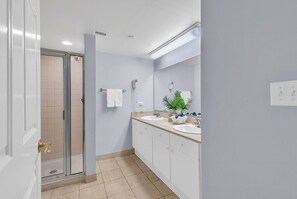 Spacious well-lit bathroom