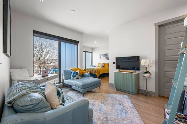 Sophisticated living room design overlooking bedroom