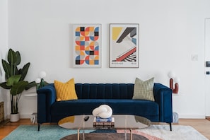 Living room with Bauhaus vibe. Vinyl record player.
