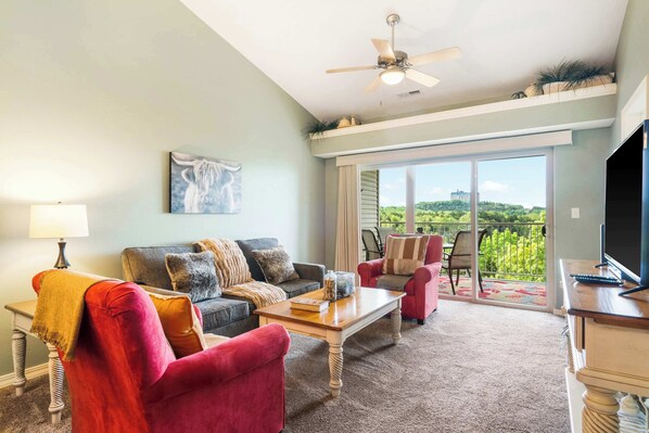 Lounge on Unit 330’s queen sleeper sofa & enjoy a movie night at home
