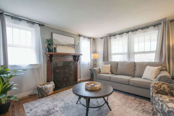 Cozy living area with fireplace.