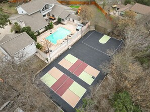 Game On! Our massive sportscourt is perfect for basketball and pickleball battles. Gather your crew and bring your A-game!