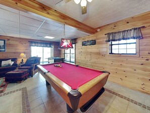 Game Room – Featuring Pool Table, Foosball Table, Card Table, TV With Seating Area + Additional Sleeping – Basement