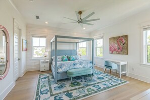 Spacious King Master bedroom - the Flamingo room!  Private Balcony with seating!