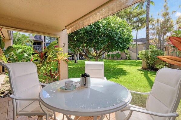 Enjoy coffee from the lanai.