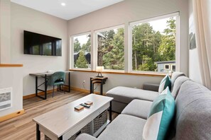 Living room with a work space