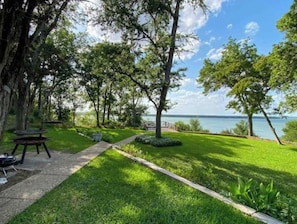 Backyard with firepit, deck & panoramic view of the lake
