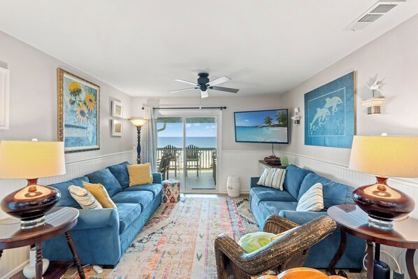 The ocean front living room is fabulous for movie night with the family.