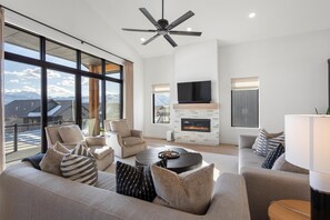 Cozy fireplace with oversized sofas
