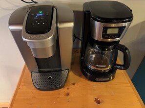 Keurig or drip. Coffee provided. Permanent filters for both provided.
