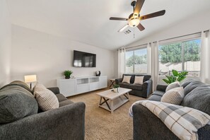 Large windows, comfortable furniture. Sofa-sleeper. 55-inch Smart TV.
