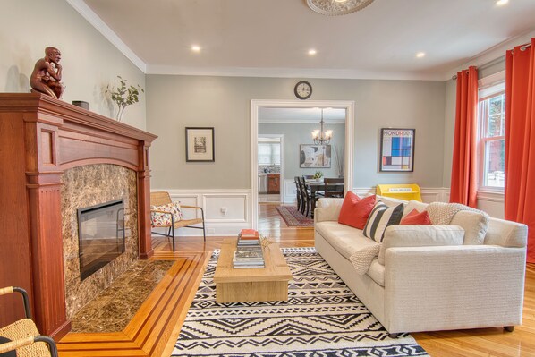 Sitting area with nice West Elm sleeper sofa