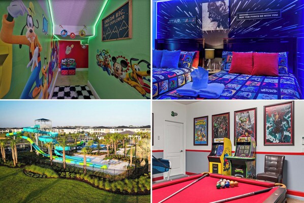 Water slides, arcade games, pool table, themed toddler hideouts, themed bedrooms