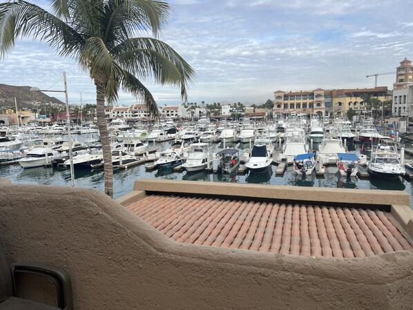 Condo patio overlooks the marina