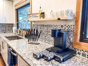 Enjoy a cup of coffee with our Keurig. K-cups are complimentary