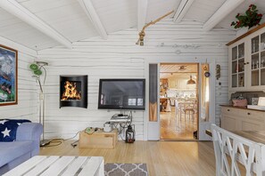 Cosy living room with fireplace and TV