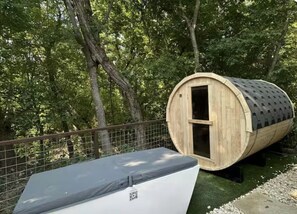 Wellness retreat with sauna and cold plunge.