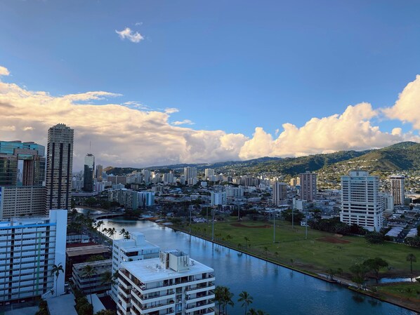 Views of the city, Ala Wai Canal, and Ko'olau mountains 