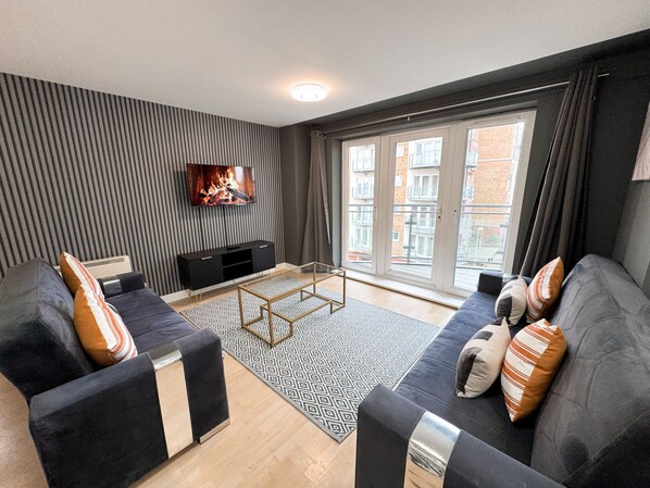 welcoming living area with smart T/V
