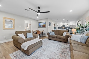 Relax on the comfy sofa, watch a movie, or play tunes on the Bluetooth speaker.