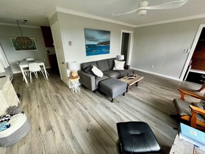The living room and dining area.