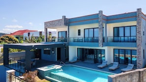 A wide angle shot of the pool deck