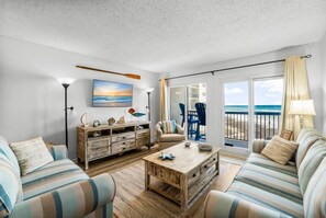 The living room invites you to just sit back and enjoy the view or watch a movie on the flatscreen.