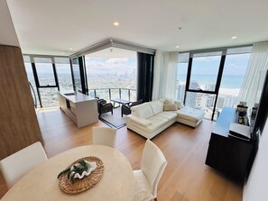 Open plan living area with view from all angles