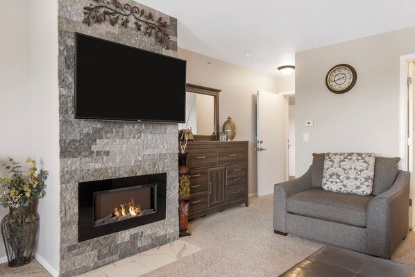 Cozy Fireplace, Large Screen TV