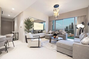 Enjoy a breathtaking Downtown Dubai view right from the living room.